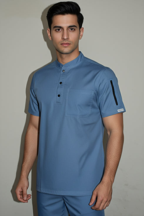 Men’s 3-Button Mandarin Collar Scrub Top with Utility Pockets - ModScrubs
