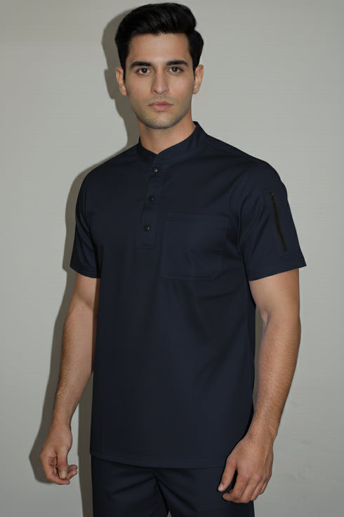 Men’s 3-Button Mandarin Collar Scrub Top with Utility Pockets