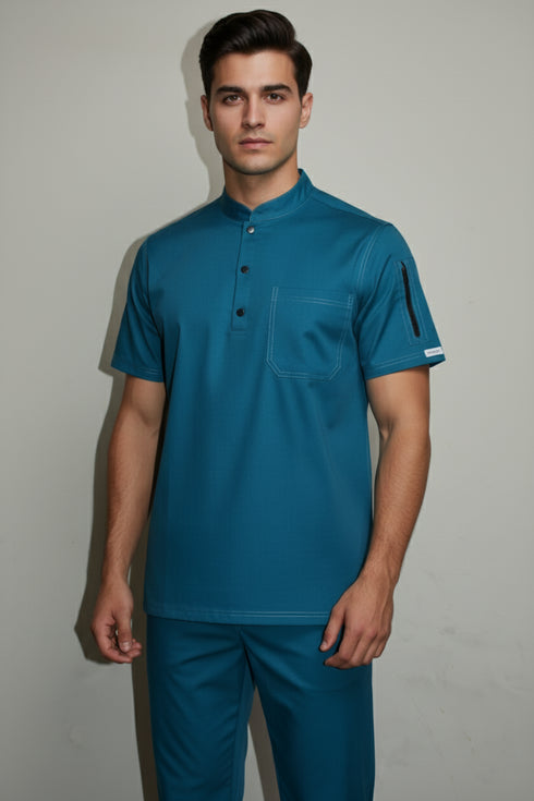 Men’s 3-Button Mandarin Collar Scrub Top with Utility Pockets