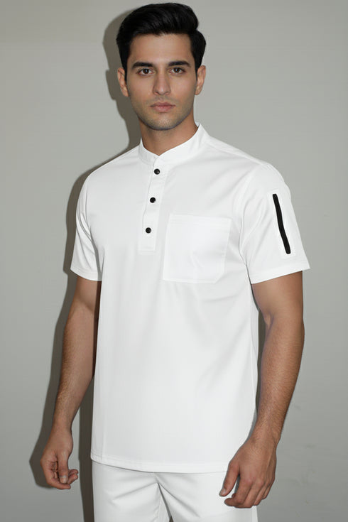 Men’s 3-Button Mandarin Collar Scrub Top with Utility Pockets