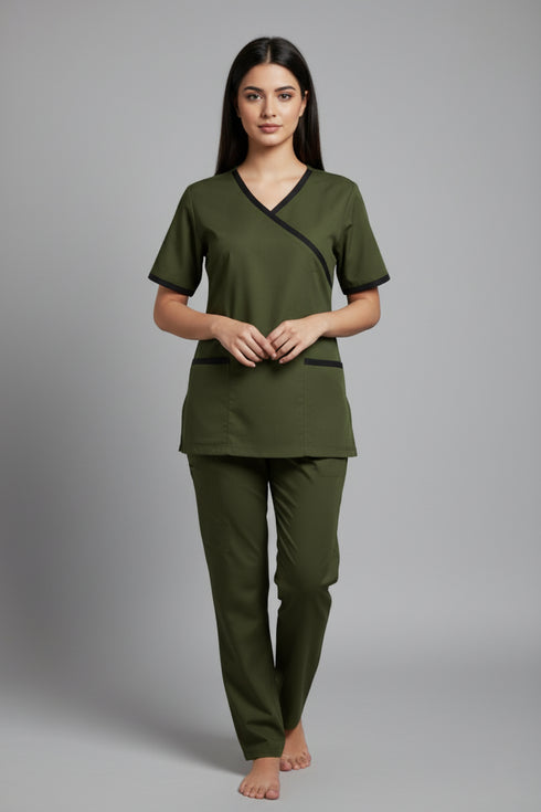 Women's 2-Pocket Mock Wrap Scrub with Contrast-Cotton-Polyester Blend