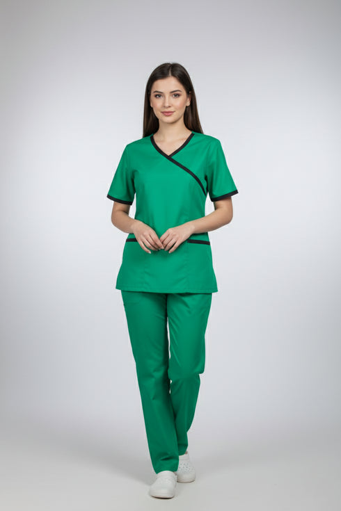 Women's 2-Pocket Mock Wrap Scrub with Contrast-Cotton-Polyester Blend