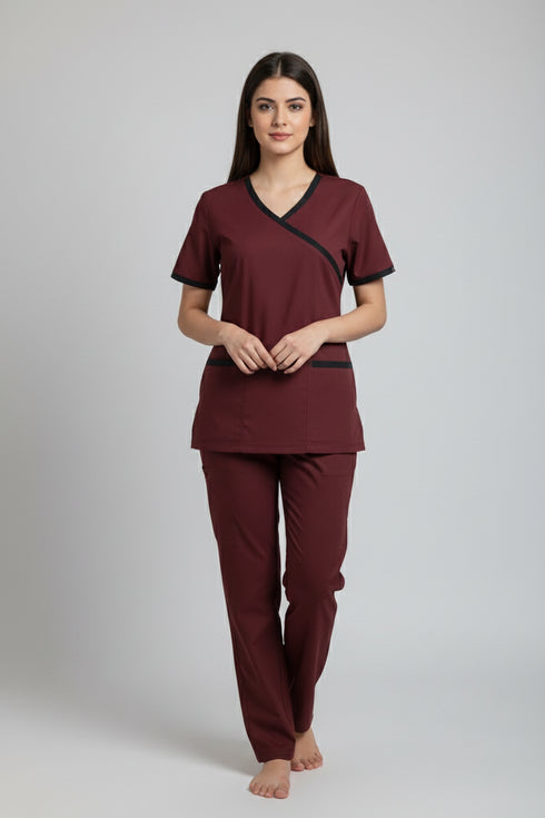 Women's 2-Pocket Mock Wrap Scrub with Contrast-Cotton-Polyester Blend