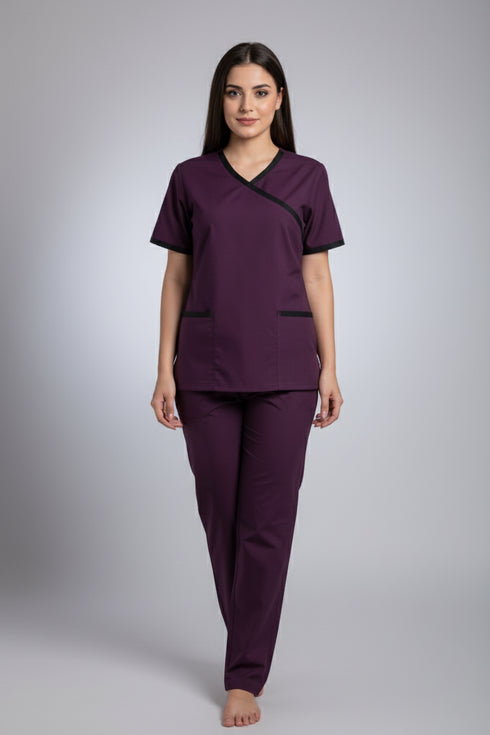 Women's 2-Pocket Mock Wrap Scrub with Contrast-Cotton-Polyester Blend