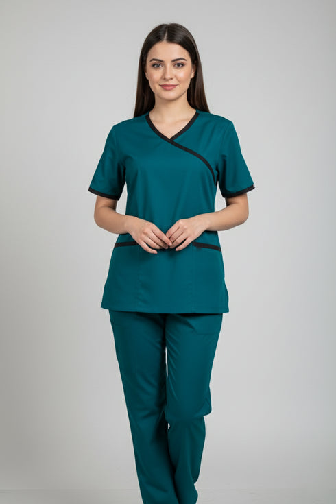 Women's 2-Pocket Mock Wrap Scrub with Contrast-Cotton-Polyester Blend