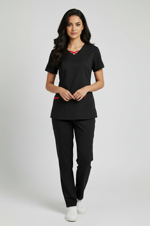 Women 3-Pocket Crisscross Contrast V-Neck Scrub