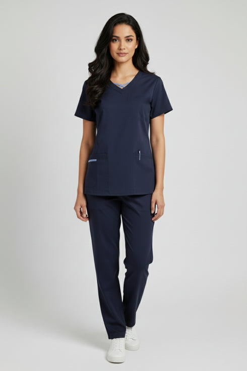 Women 3-Pocket Crisscross Contrast V-Neck Scrub