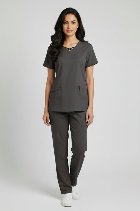 Women 3-Pocket Crisscross Contrast V-Neck Scrub