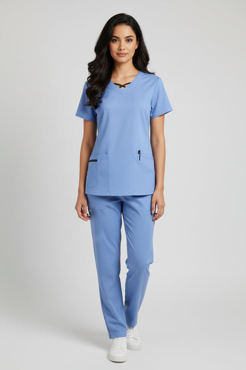 Women 3-Pocket Crisscross Contrast V-Neck Scrub