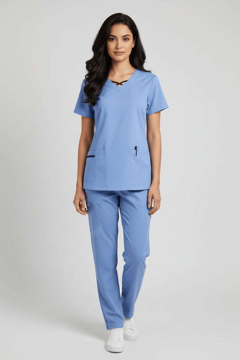 Women 3-Pocket Crisscross Contrast V-Neck Scrub - ModScrubs