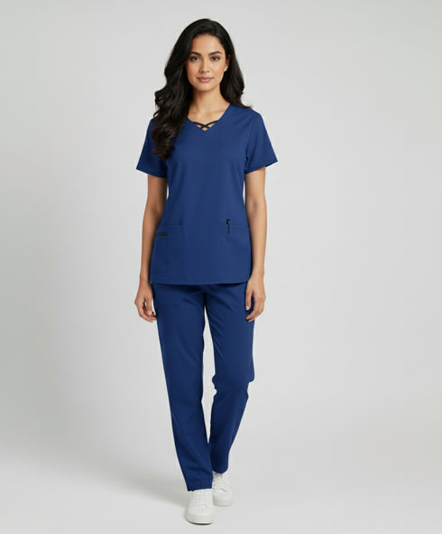 Women 3-Pocket Crisscross Contrast V-Neck Scrub - ModScrubs