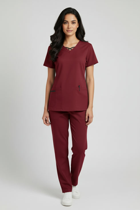 Women 3-Pocket Crisscross Contrast V-Neck Scrub