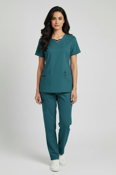 Women 3-Pocket Crisscross Contrast V-Neck Scrub - ModScrubs