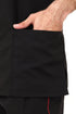 Men's black V-neck scrub set with three front pockets, made by ModScrubs, featuring a cotton-polyester blend fabric.