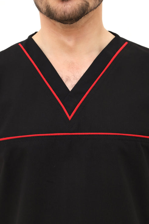 Men’s black scrub trousers with red side piping from ModScrubs, featuring a V-neck 3-pocket scrub set in cotton-polyester blend.