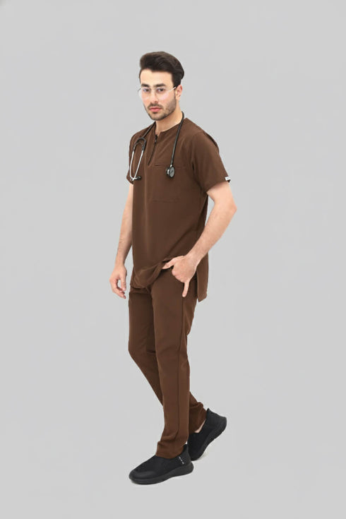 Men-1-PocketSTRETCH-Tuck-In-Zipper-Round-Neck-Scrub-Brown