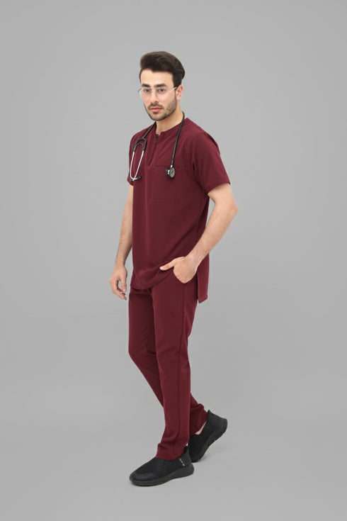 Men-1-PocketSTRETCH-Tuck-In-Zipper-Round-Neck-Scrub-Maroon