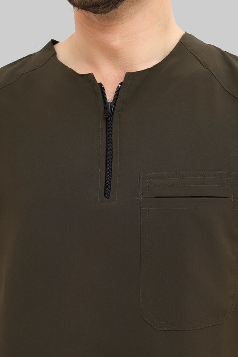 Men-1-PocketSTRETCH-Tuck-In-Zipper-Round-Neck-Scrub-Olive-Neck