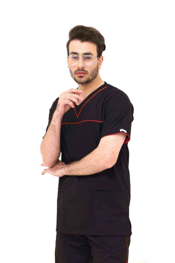 Men's black V-neck scrub top with red contrast piping from ModScrubs, featuring three pockets and a comfortable cotton-polyester blend.