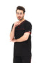 Men's black V-neck scrub top with red contrast piping from ModScrubs, featuring three pockets and a comfortable cotton-polyester blend.
