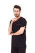 Men's black V-neck scrub top with red contrast piping from ModScrubs, featuring three pockets and a comfortable cotton-polyester blend.