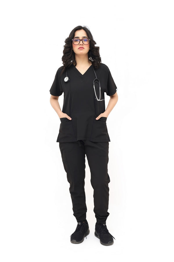 Women4pocketvNeckScrubswithjoggerpentBlackModScrubs-ModScrubs
