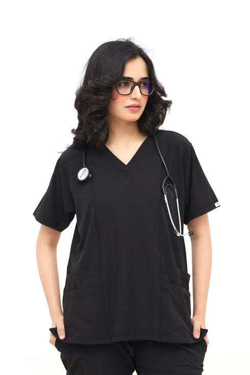 Women_4_pocket_v_Neck_Scrubs_with_jogger_pent_Black_ModScrubs_-_close