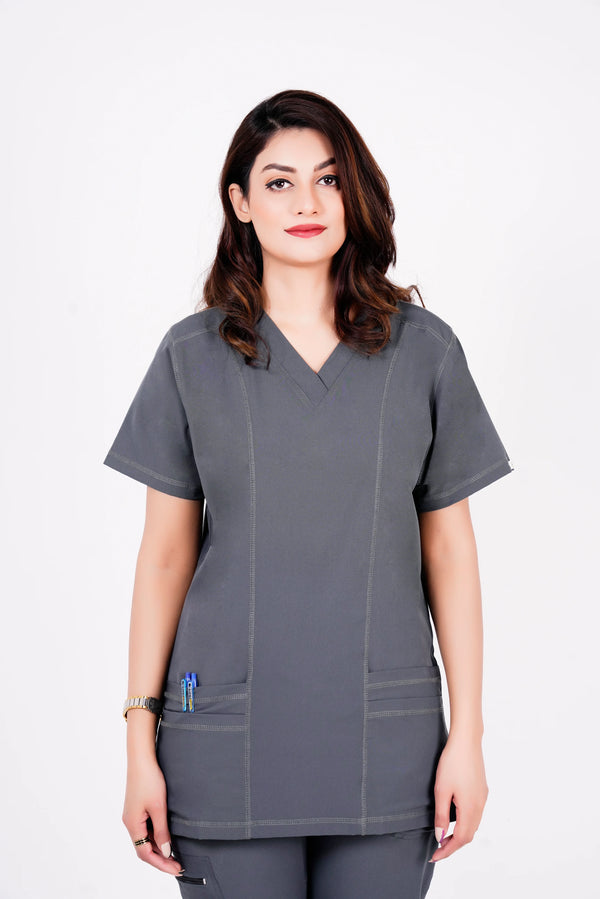Women 4 pocket v Neck Scrubs with jogger pent Gray