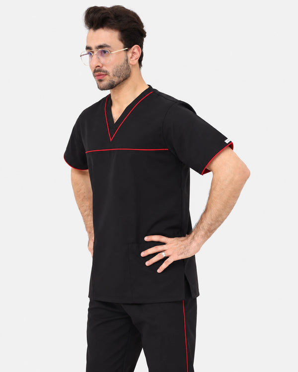 Men's black V-neck scrub top with red contrast piping from ModScrubs, featuring three pockets and a comfortable cotton-polyester blend.