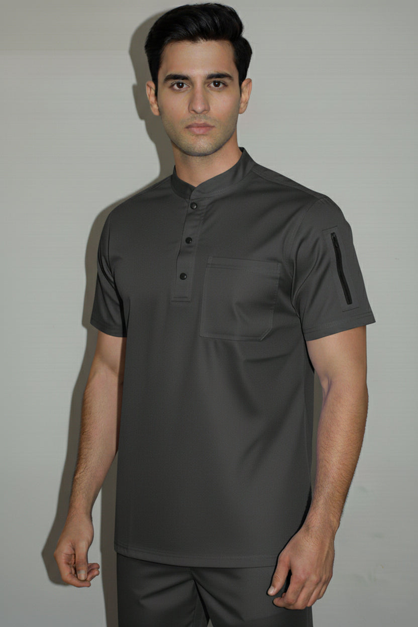 Men’s 3-Button Mandarin Collar Scrub Top with Utility Pockets - ModScrubs