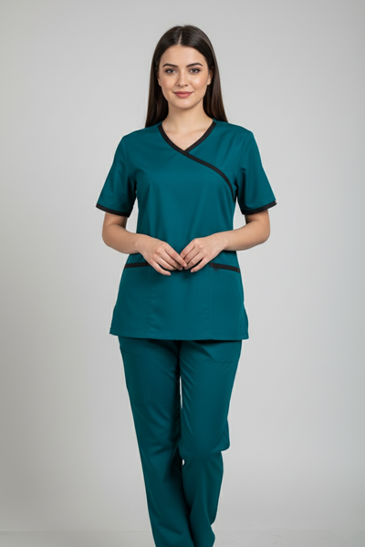 Women's 2-Pocket Mock Wrap Scrub with Contrast-Cotton-Polyester Blend