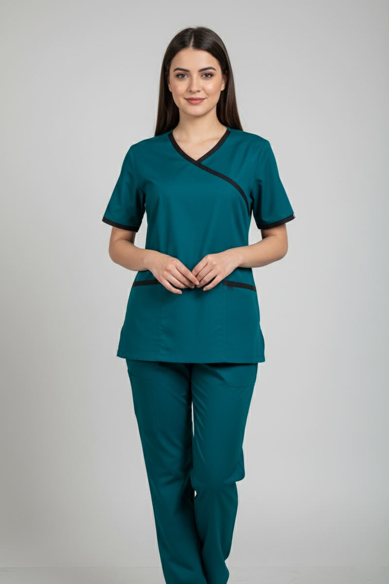 Women's 2-Pocket Mock Wrap Scrub with Contrast-Cotton-Polyester Blend ...