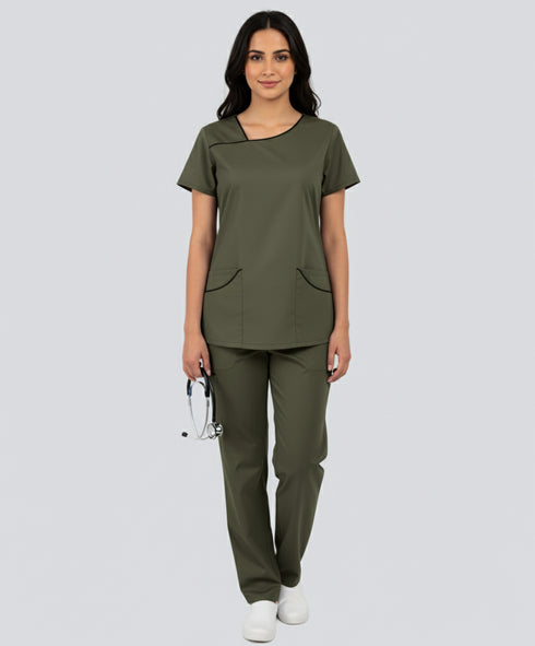 Women’s 4-Pocket Asymmetrical Neck Scrub – Cotton-Polyester - ModScrubs