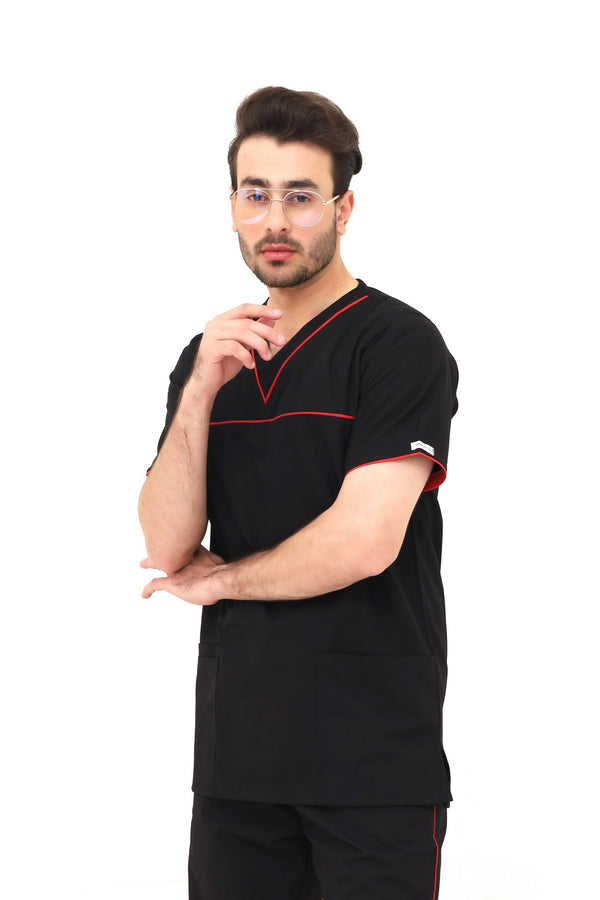 Men's black V-neck scrub top with red contrast piping from ModScrubs, featuring three pockets and a comfortable cotton-polyester blend.