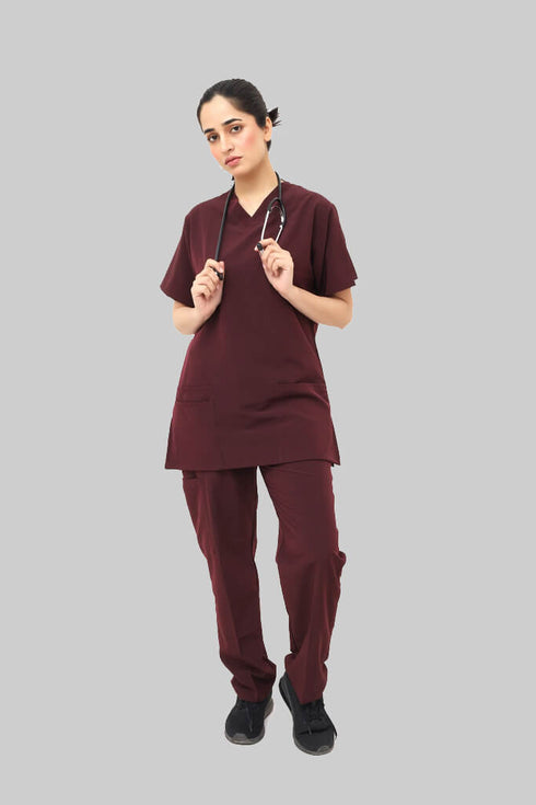 Women-Premium-Stretch-V-Neck-Scrub-Maroon