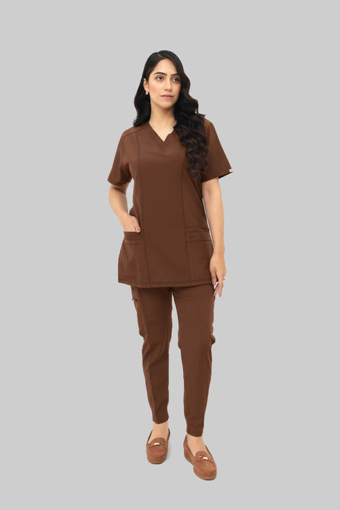 Women_s4-PocketV-NeckScrub_JoggerPants-ModScrubs-Brown