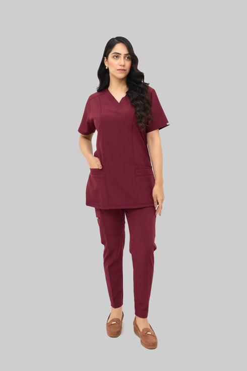 Women_s4-PocketV-NeckScrub_JoggerPants-ModScrubs-Maroon